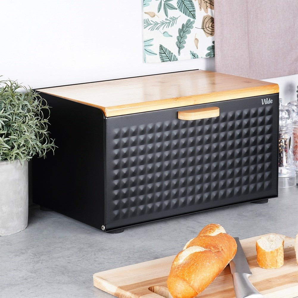 Spacious black bread box in wood and metal, opens from the front and top