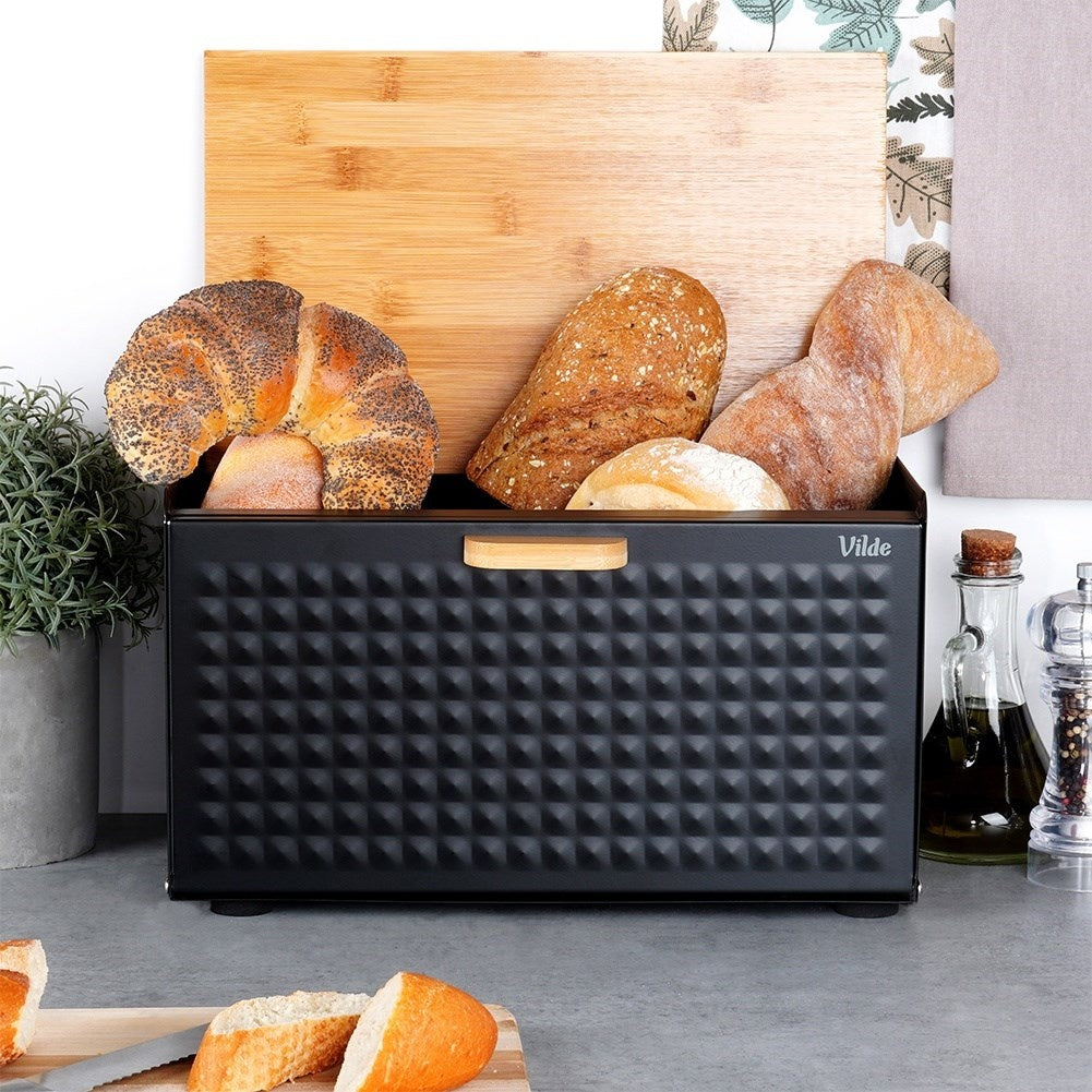 Spacious black bread box in wood and metal, opens from the front and top
