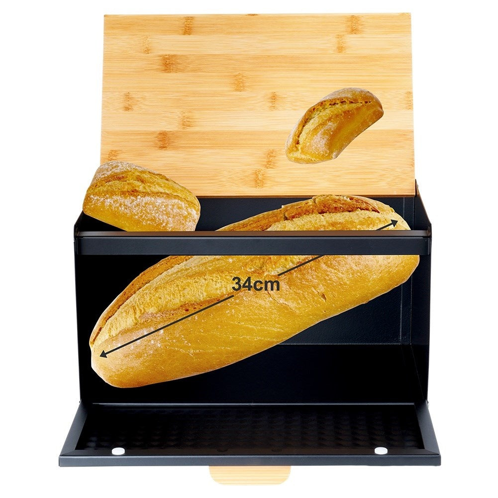 Spacious black bread box in wood and metal, opens from the front and top