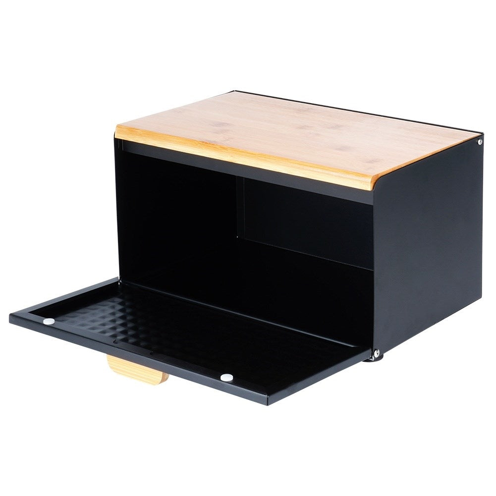 Spacious black bread box in wood and metal, opens from the front and top