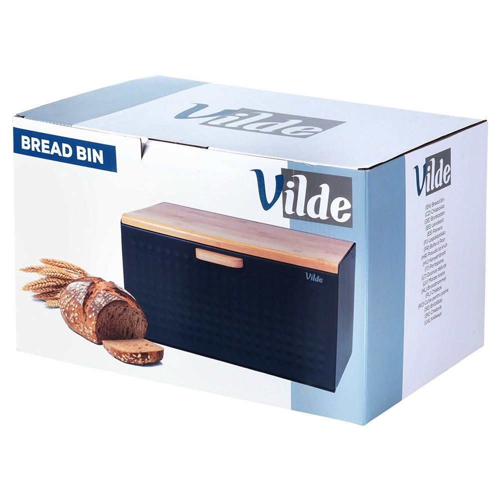 Spacious black bread box in wood and metal, opens from the front and top