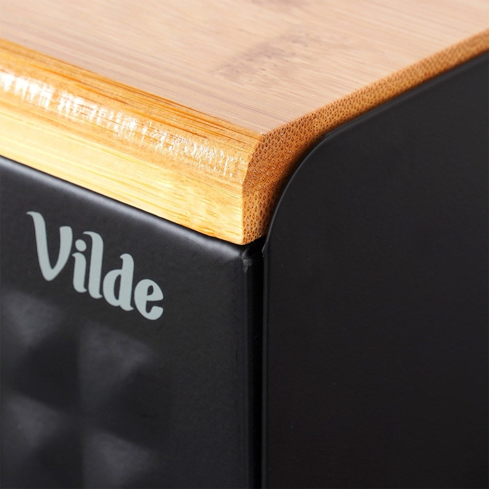 Spacious black bread box in wood and metal, opens from the front and top