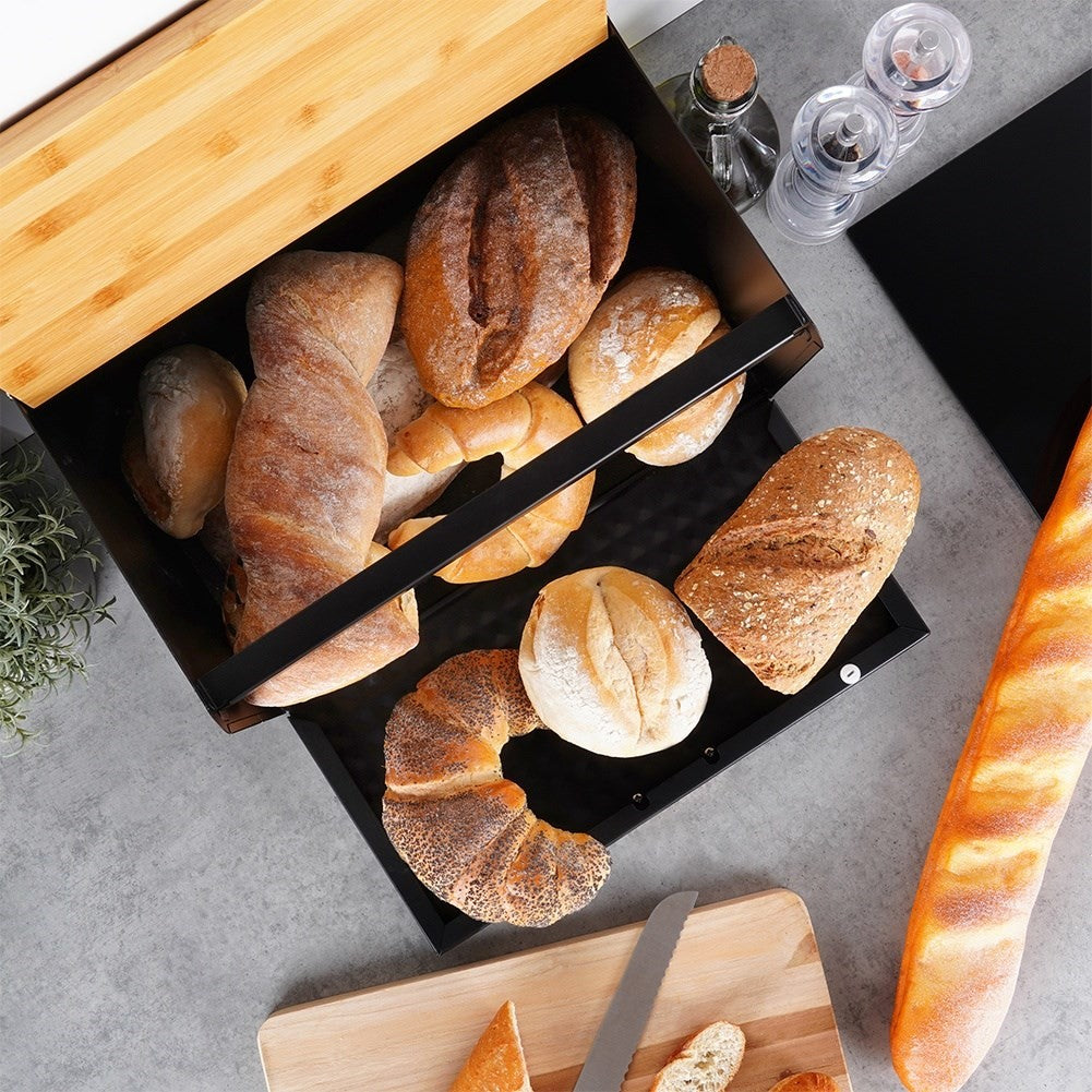 Spacious black bread box in wood and metal, opens from the front and top