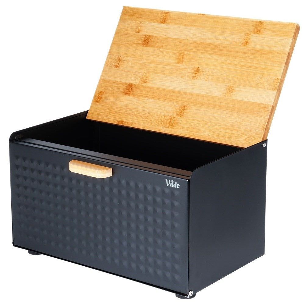Spacious black bread box in wood and metal, opens from the front and top