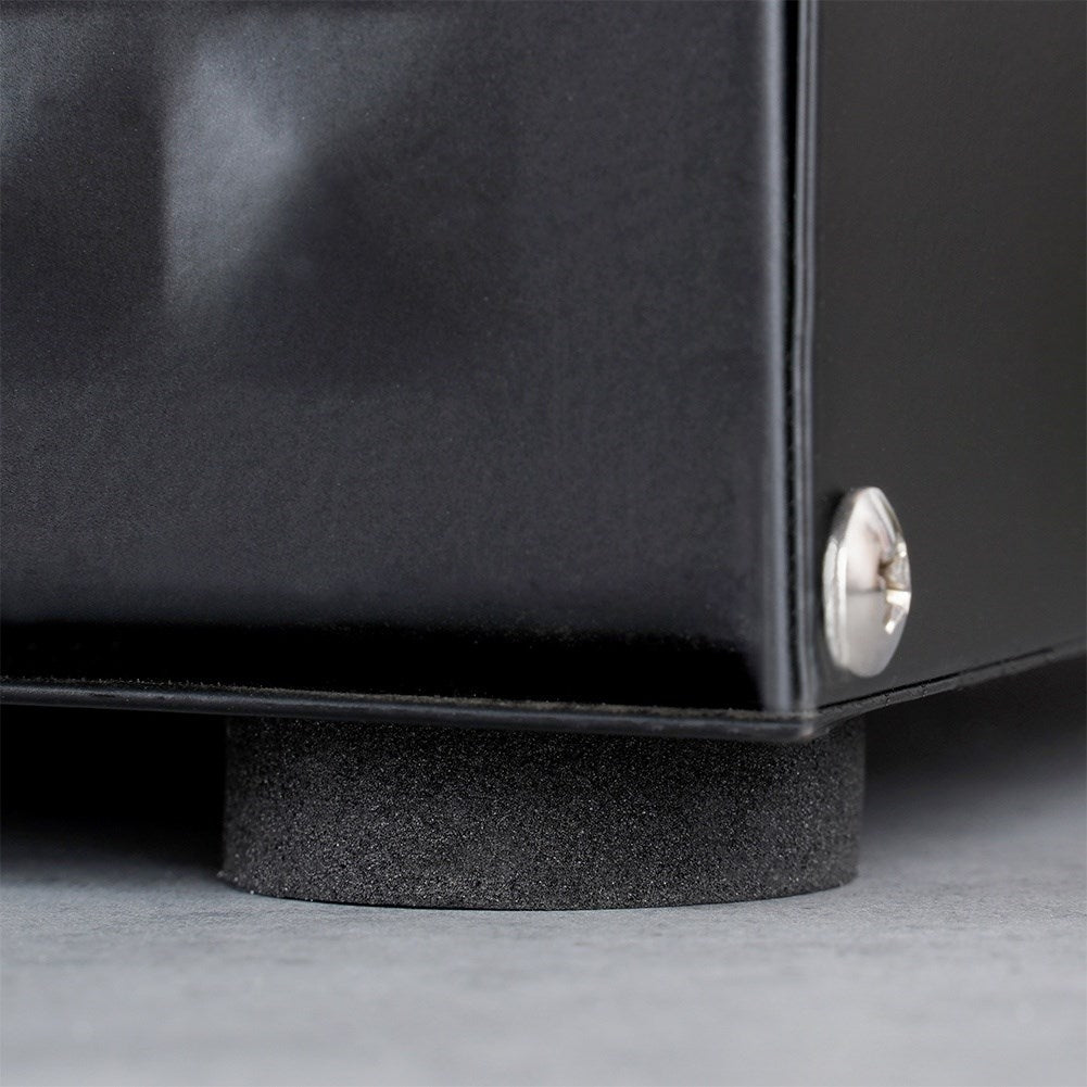 Spacious black bread box in wood and metal, opens from the front and top
