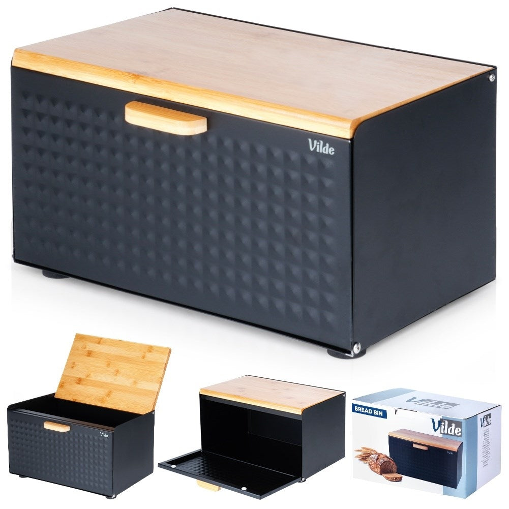 Spacious black bread box in wood and metal, opens from the front and top