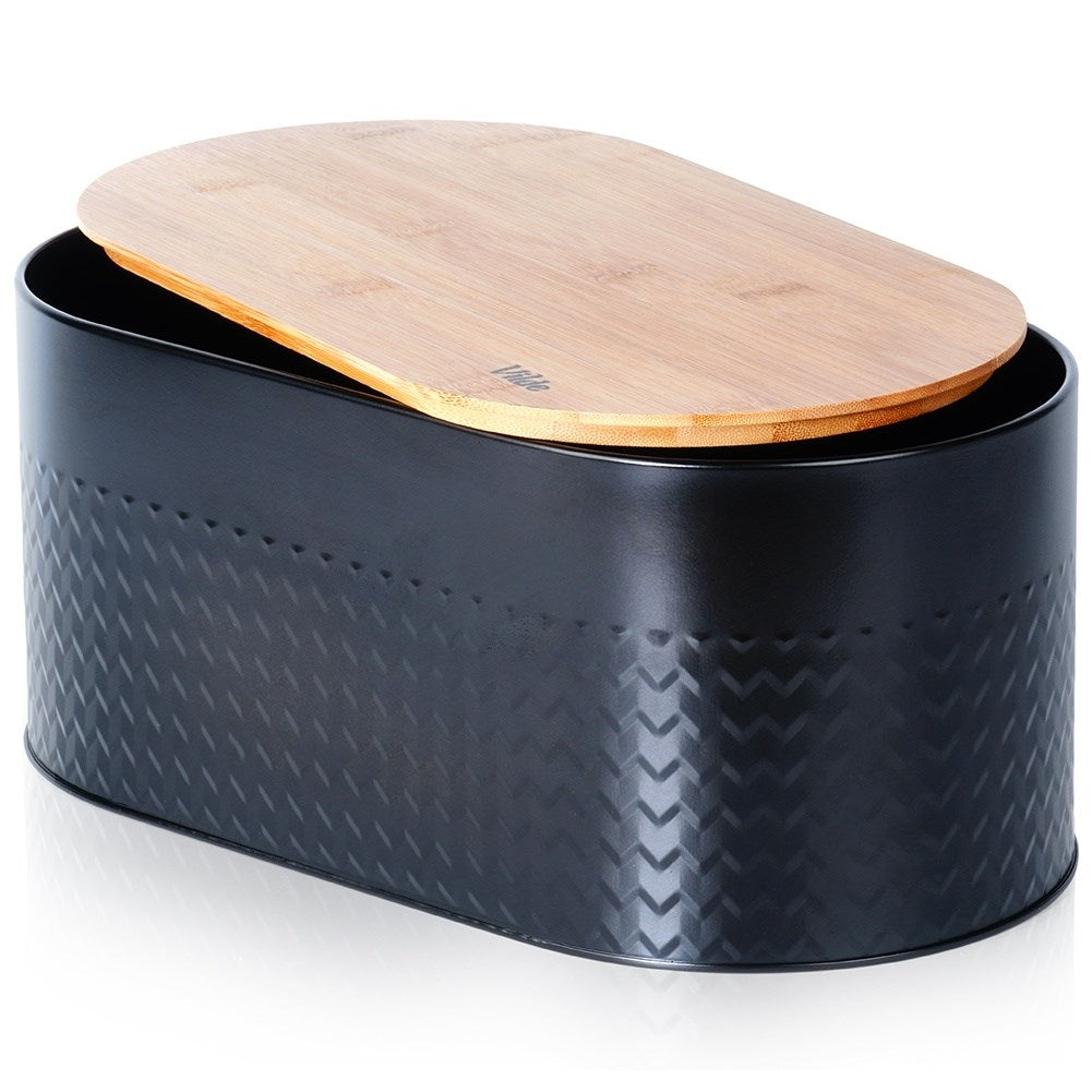 Spacious black bread box with wooden lid and cutting board