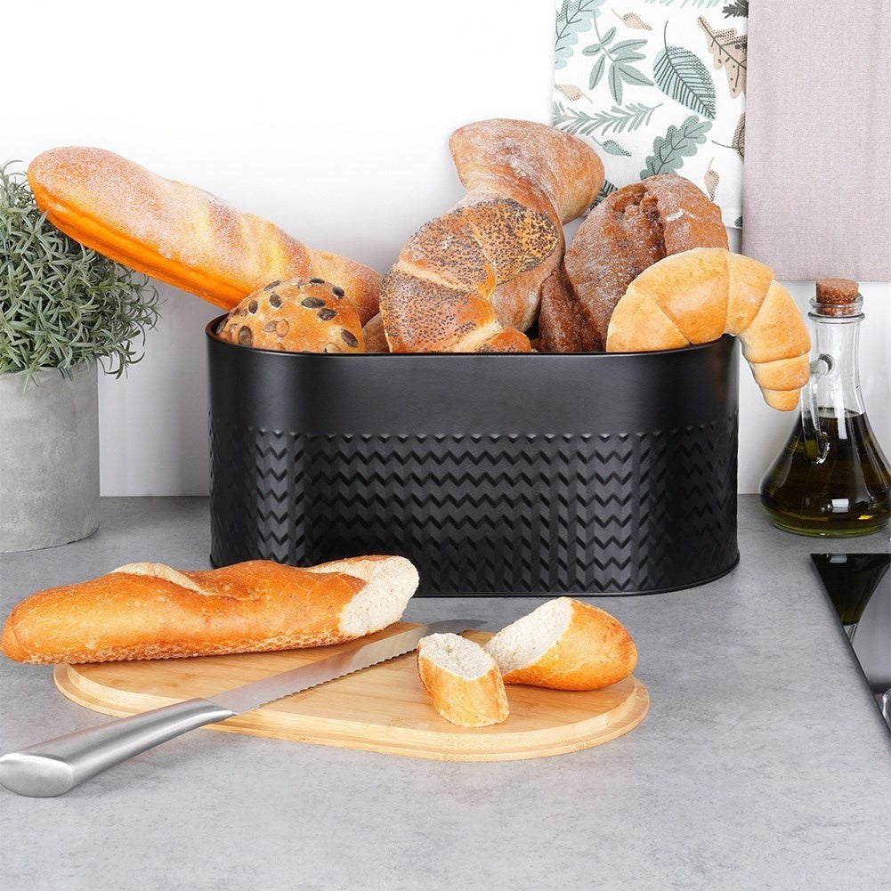 Spacious black bread box with wooden lid and cutting board