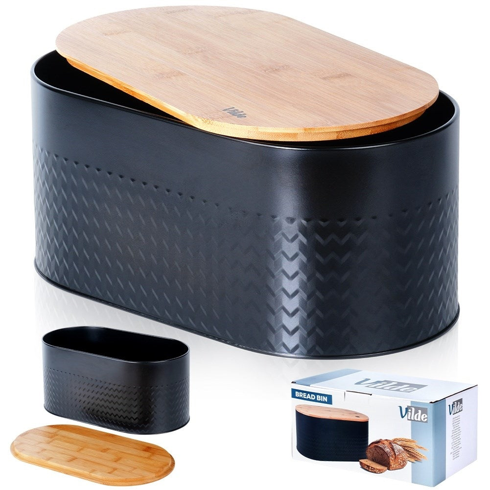 Spacious black bread box with wooden lid and cutting board