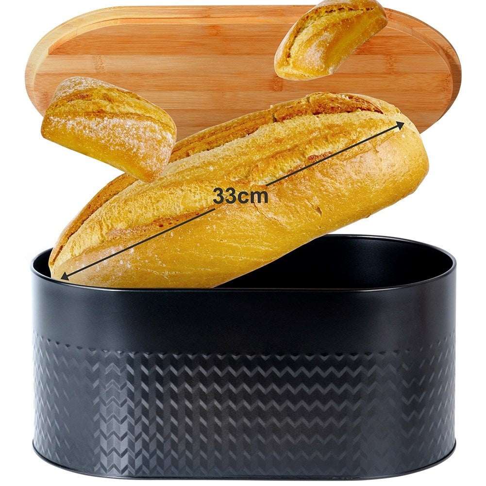Spacious black bread box with wooden lid and cutting board
