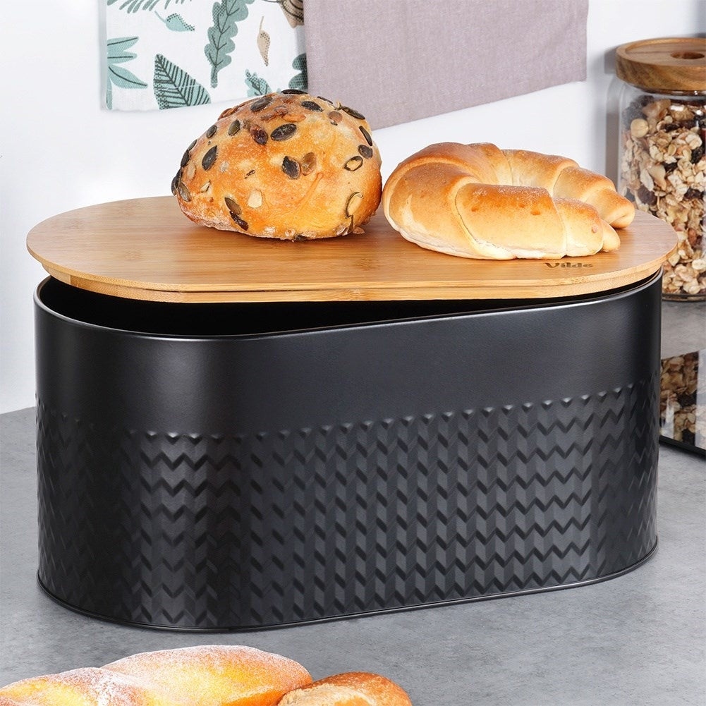 Spacious black bread box with wooden lid and cutting board
