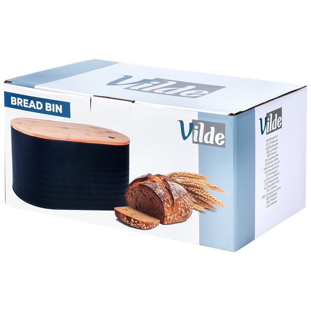 Spacious black bread box with wooden lid and cutting board