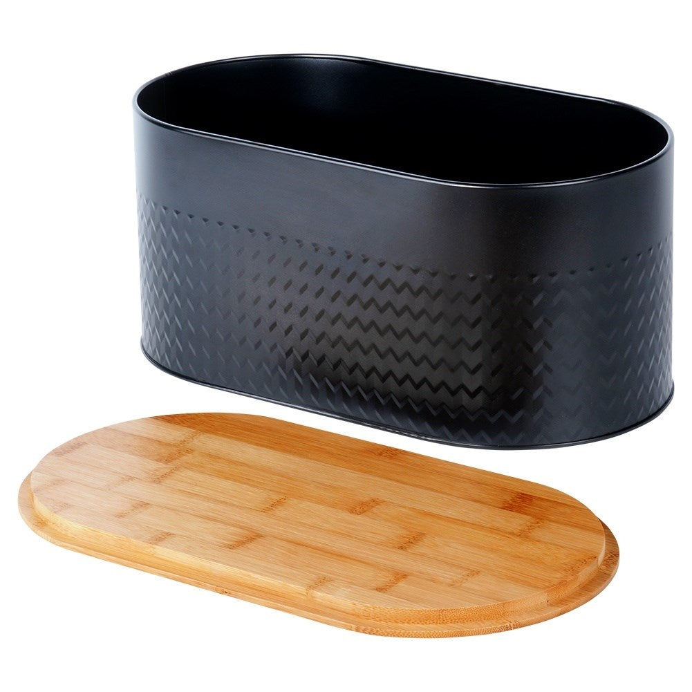 Spacious black bread box with wooden lid and cutting board