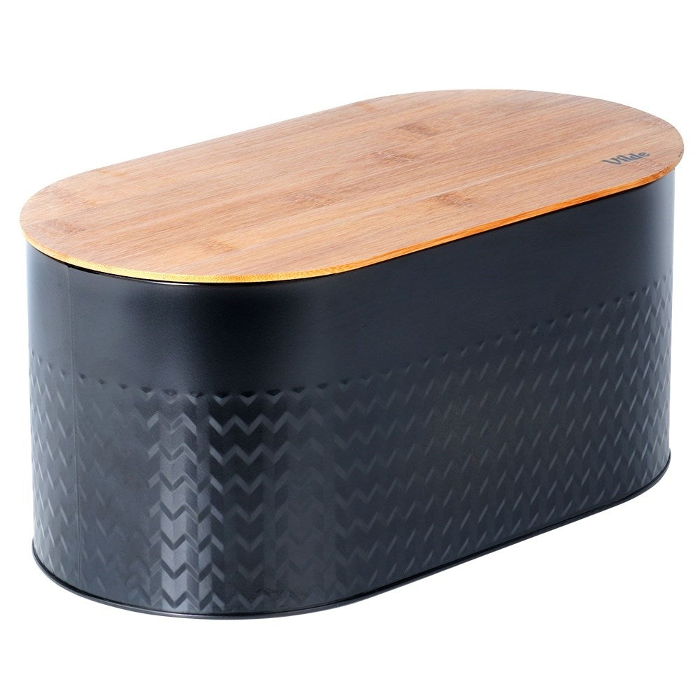 Spacious black bread box with wooden lid and cutting board