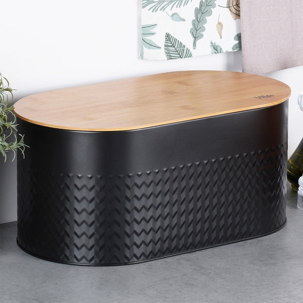 Spacious black bread box with wooden lid and cutting board