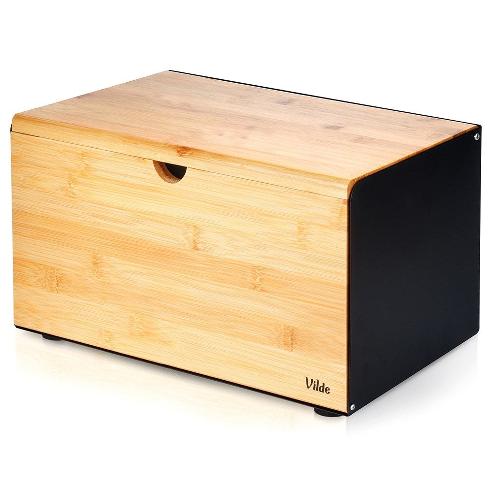 Spacious bread box in bamboo and black metal, easy opening