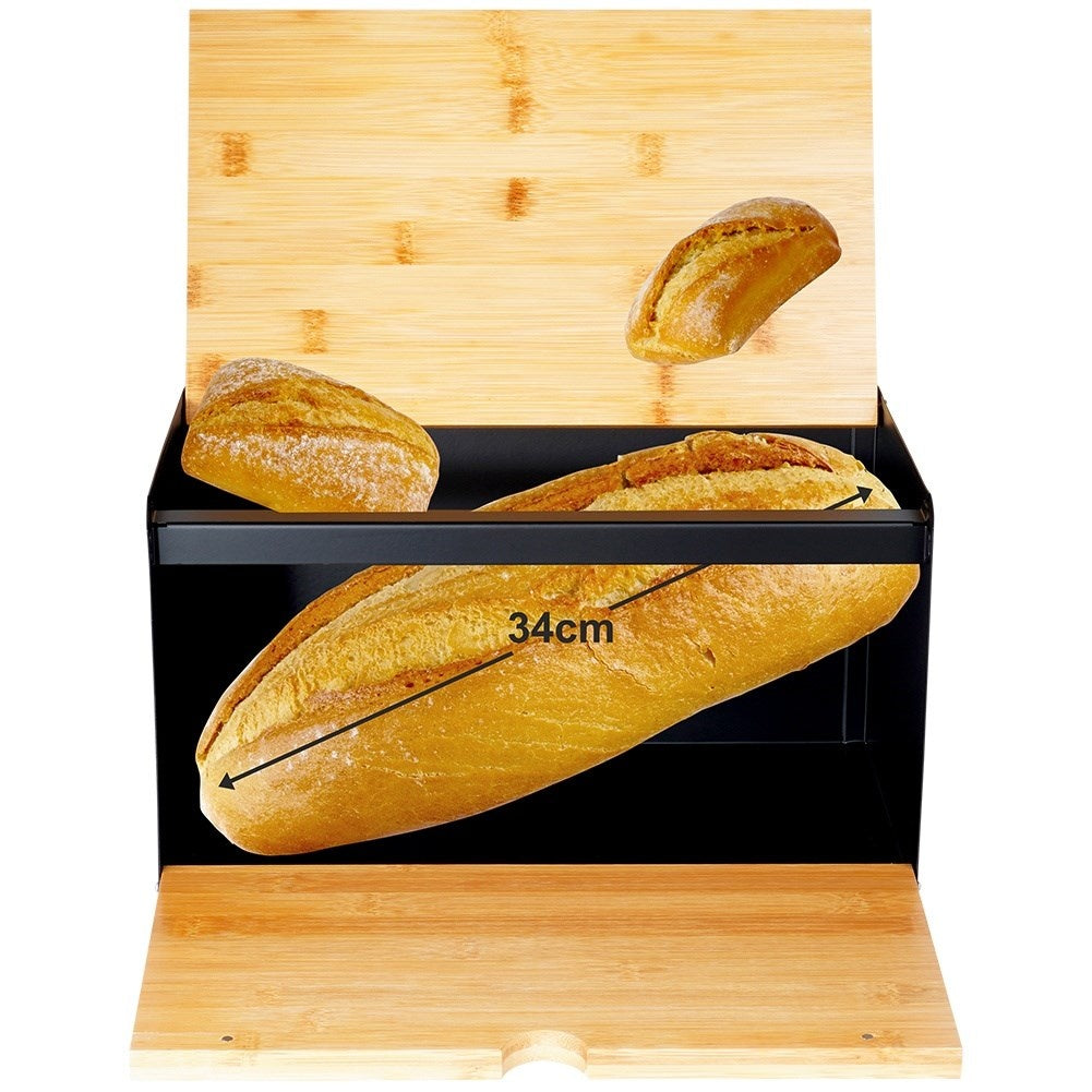 Spacious bread box in bamboo and black metal, easy opening