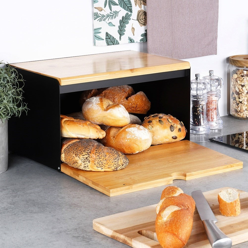 Spacious bread box in bamboo and black metal, easy opening
