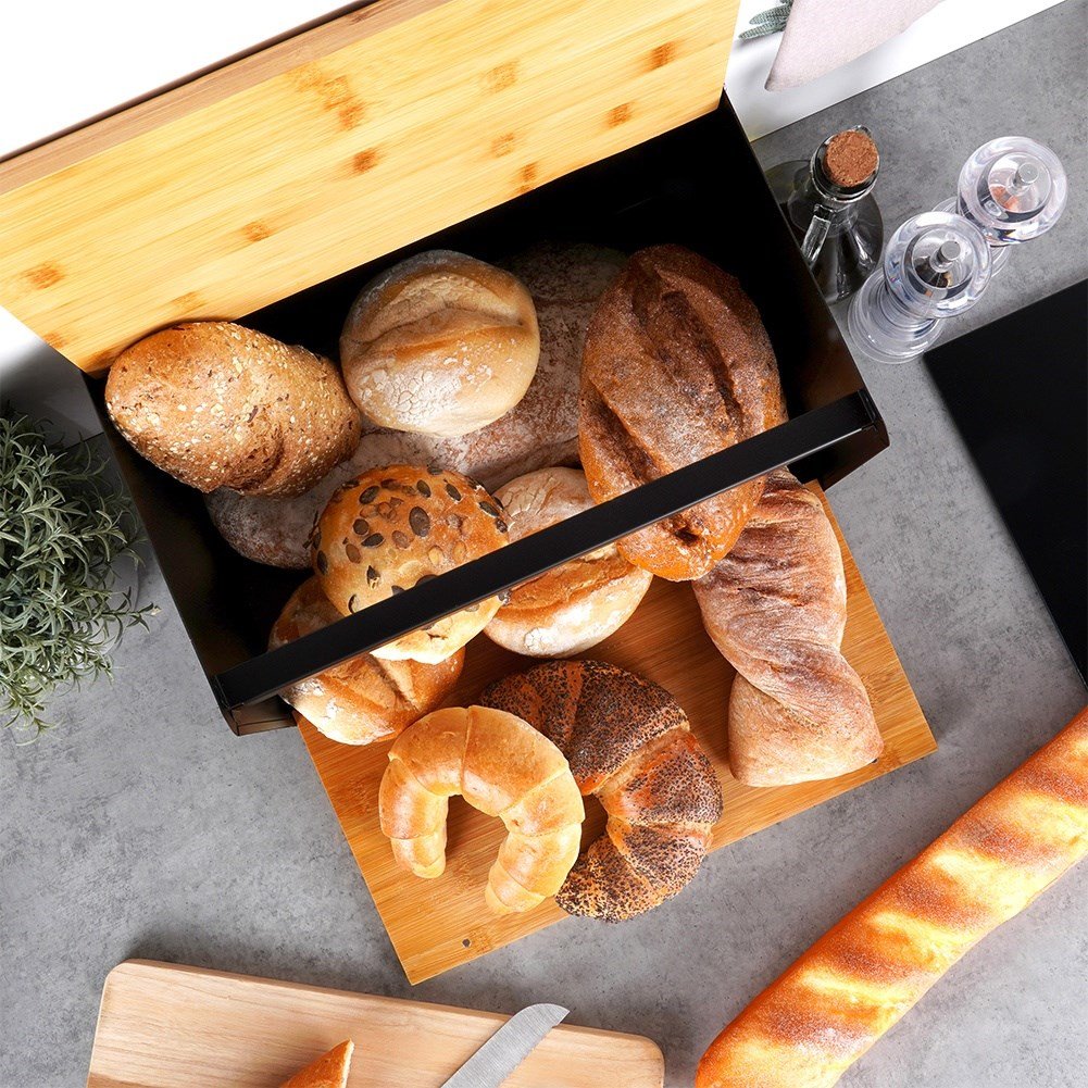 Spacious bread box in bamboo and black metal, easy opening