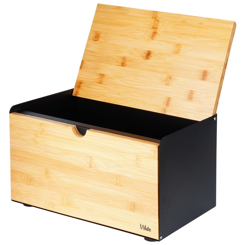 Spacious bread box in bamboo and black metal, easy opening