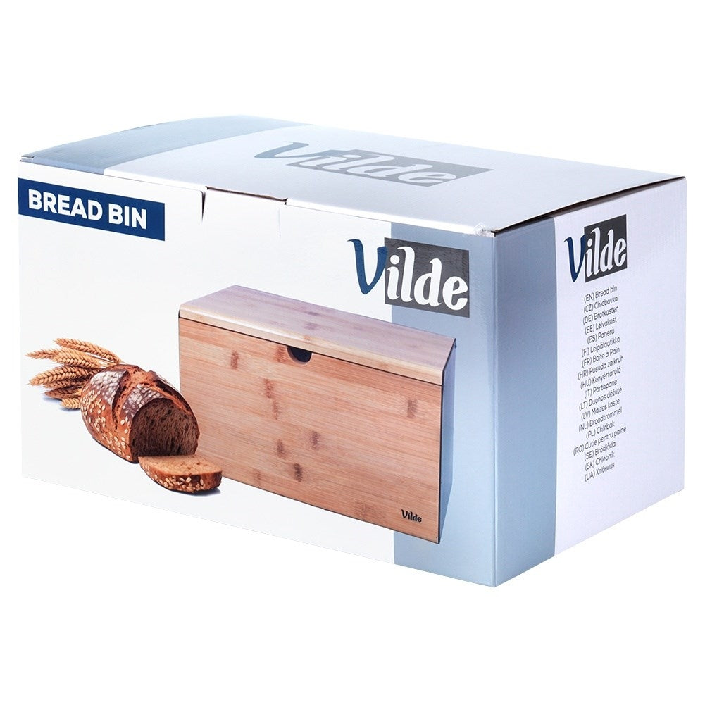 Spacious bread box in bamboo and black metal, easy opening
