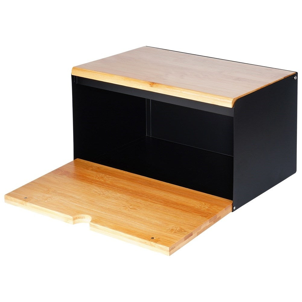 Spacious bread box in bamboo and black metal, easy opening