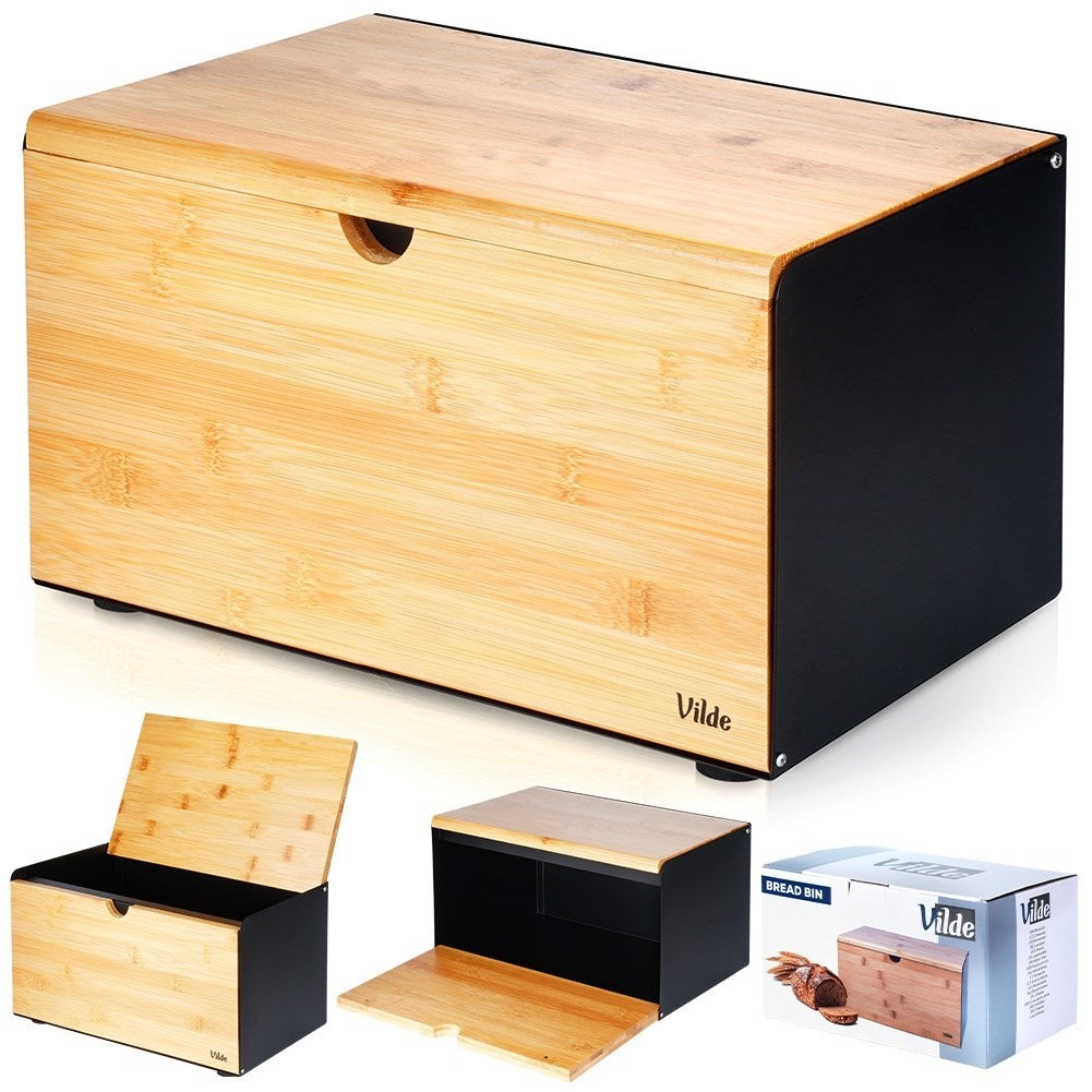 Spacious bread box in bamboo and black metal, easy opening