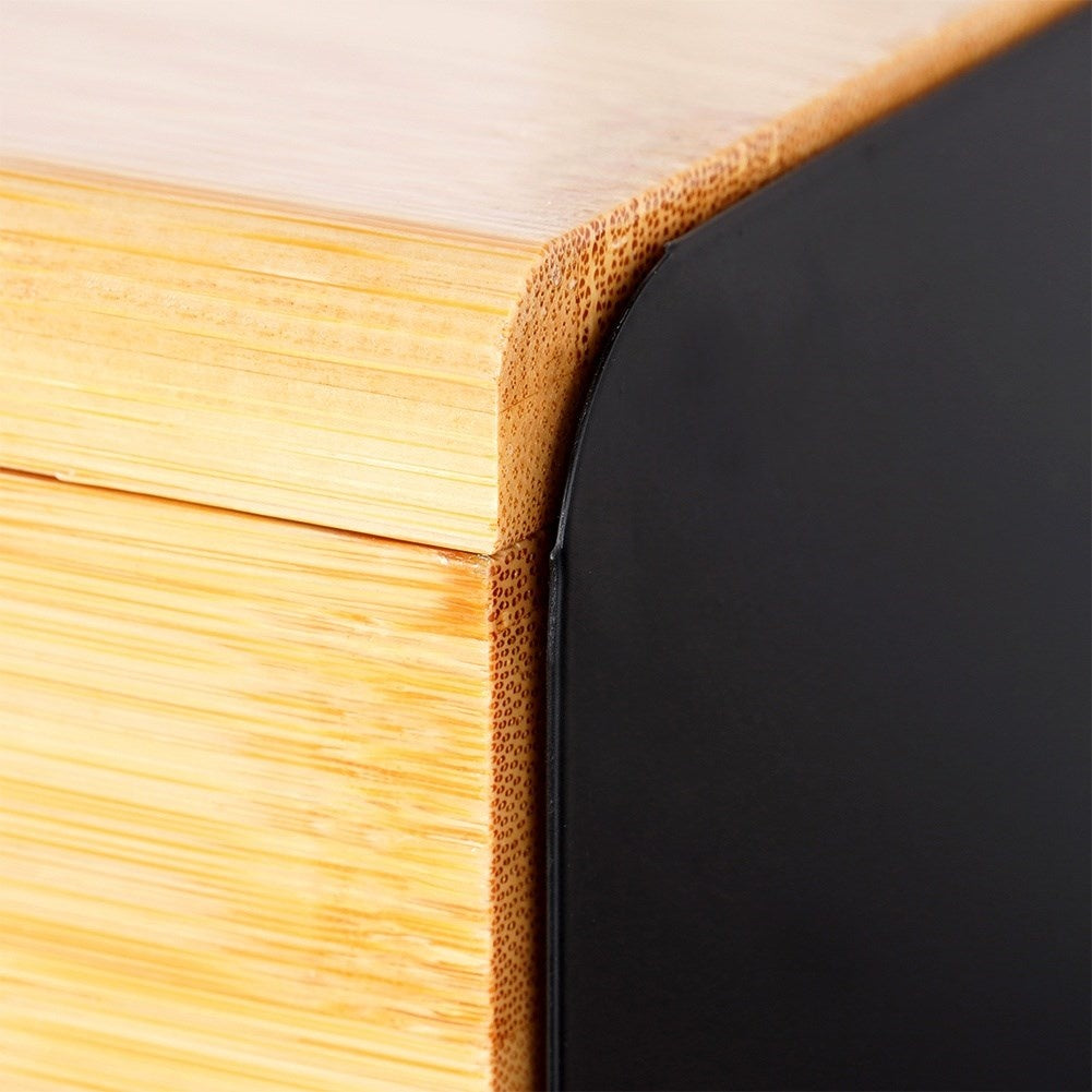 Spacious bread box in bamboo and black metal, easy opening