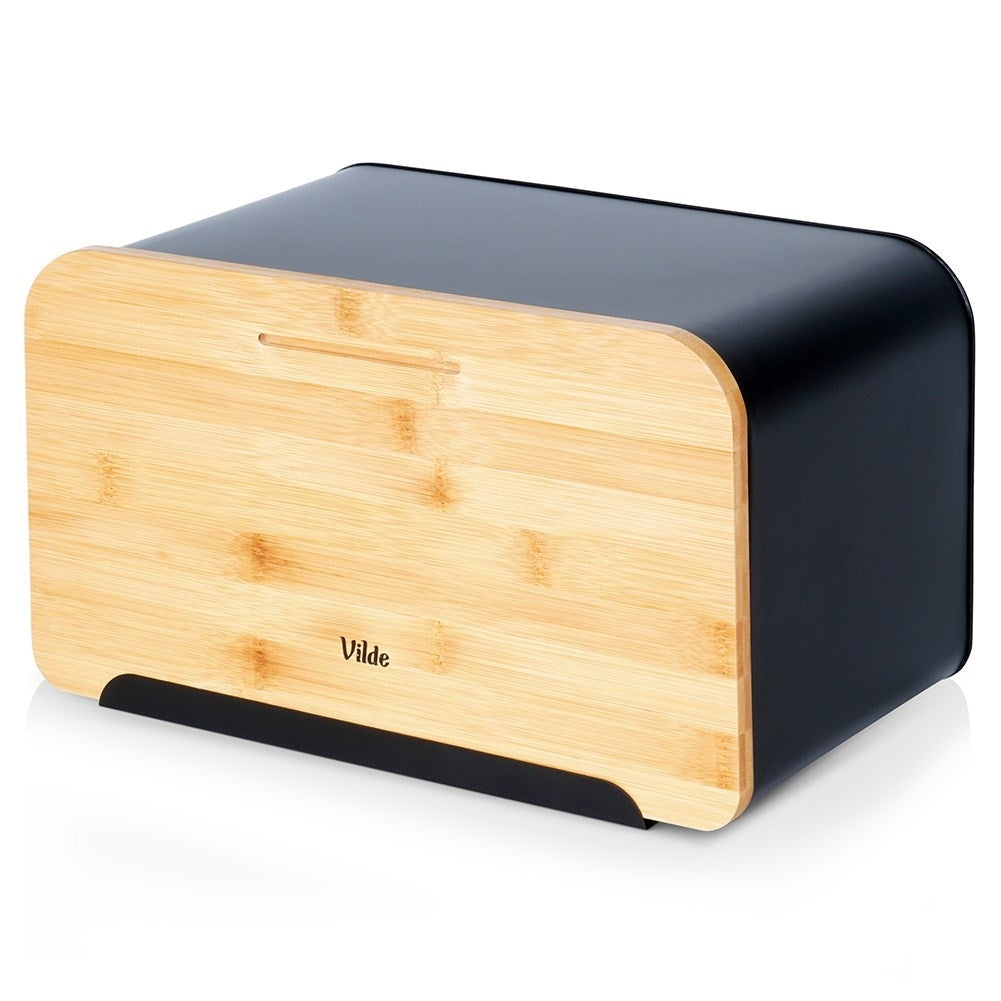 Spacious bread box in black metal with bamboo cutting board