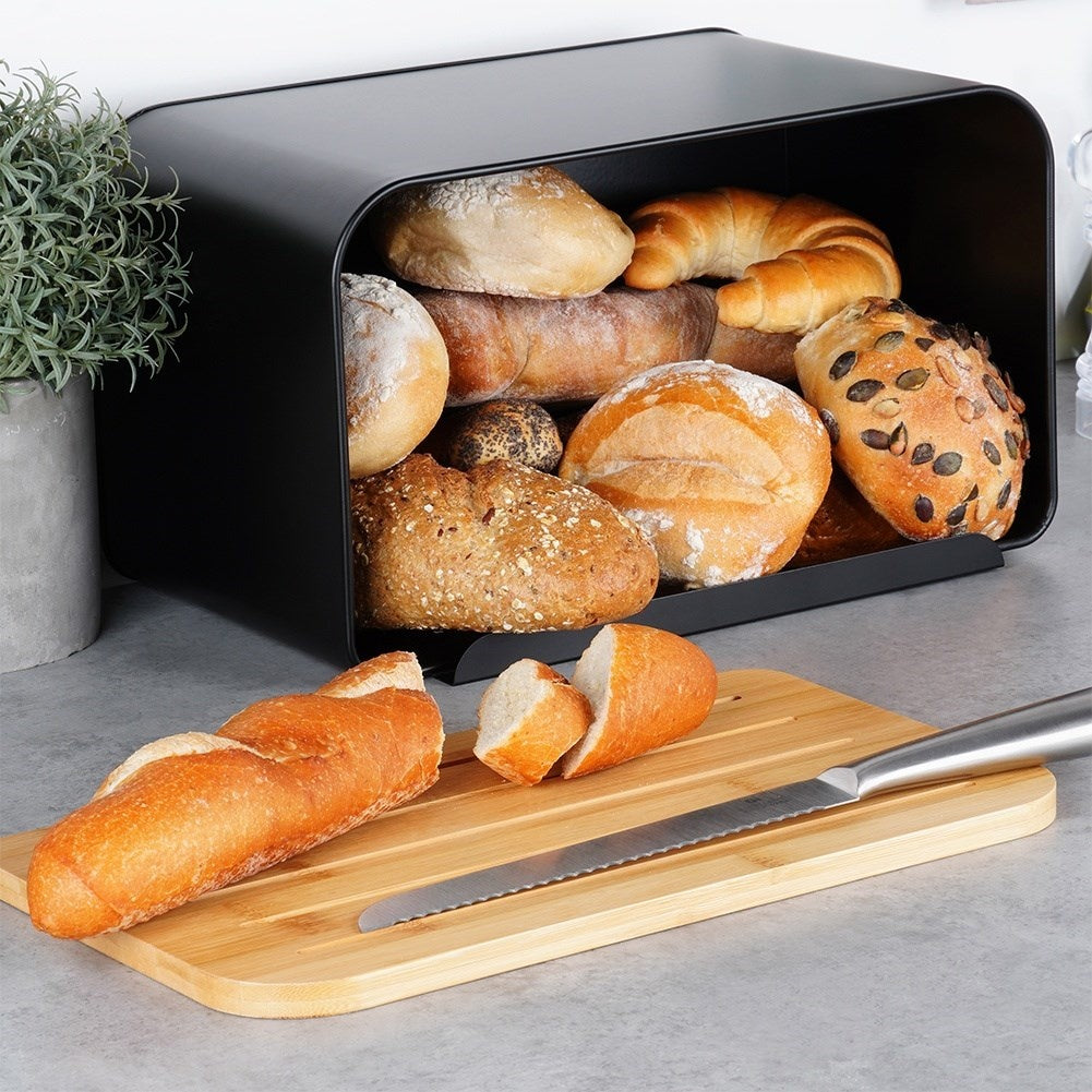 Spacious bread box in black metal with bamboo cutting board