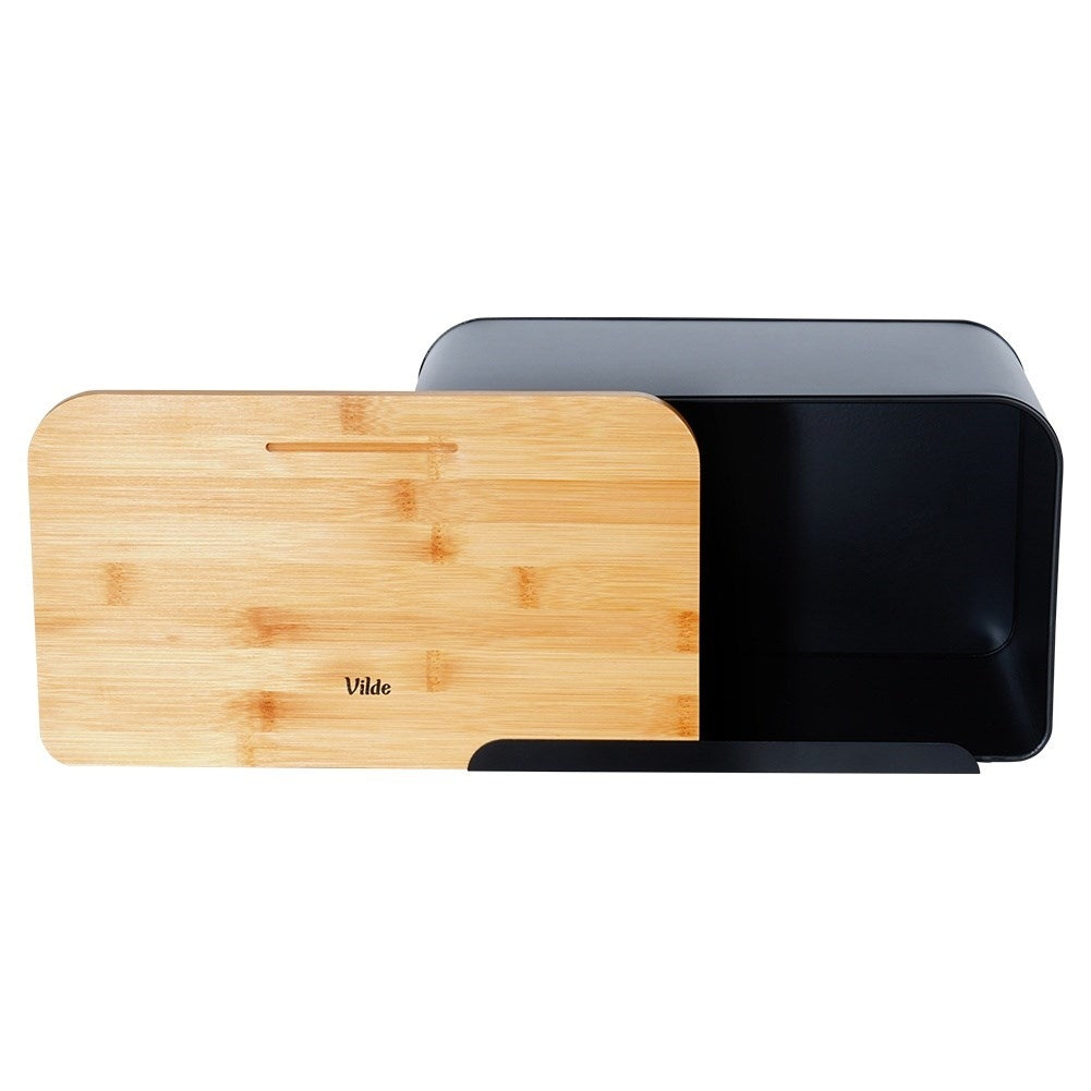 Spacious bread box in black metal with bamboo cutting board