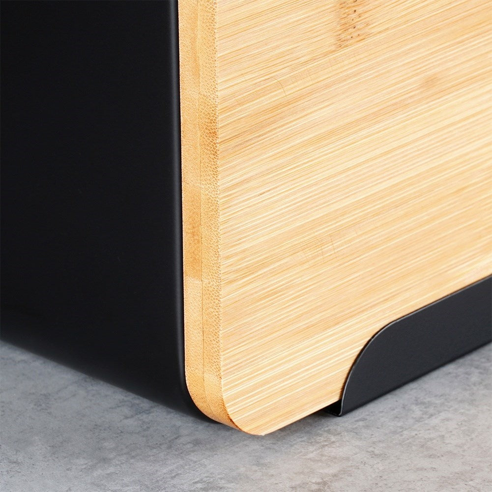 Spacious bread box in black metal with bamboo cutting board