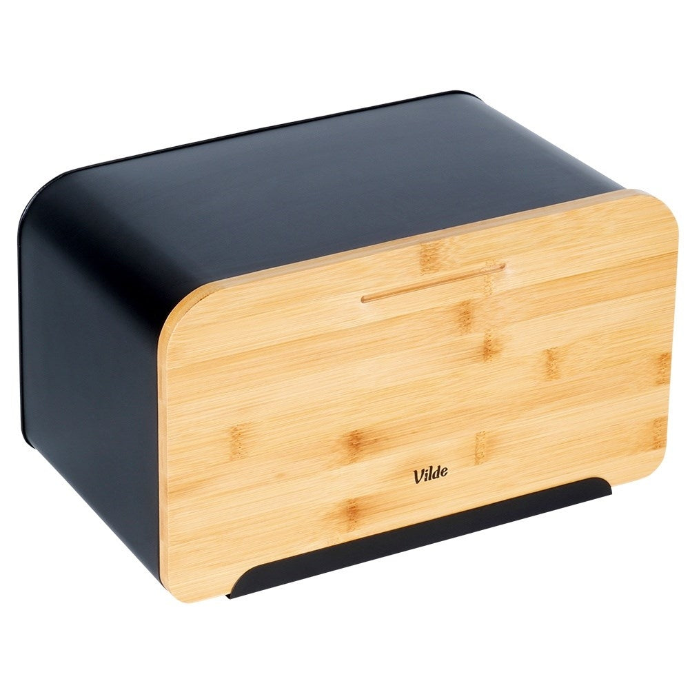 Spacious bread box in black metal with bamboo cutting board