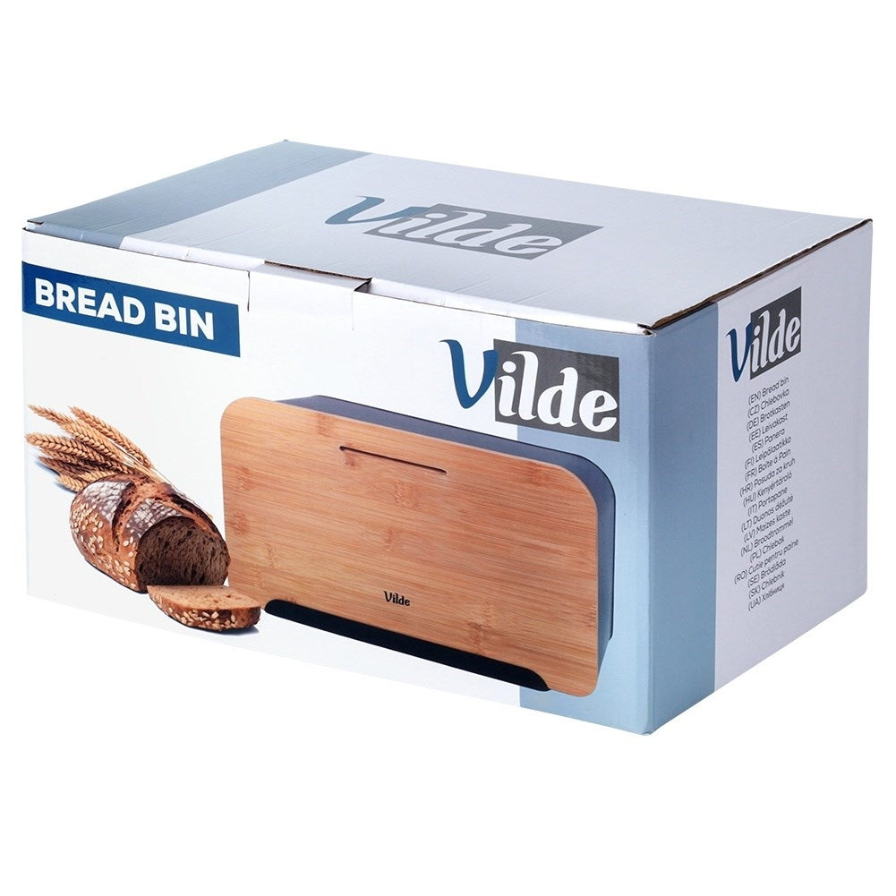 Spacious bread box in black metal with bamboo cutting board