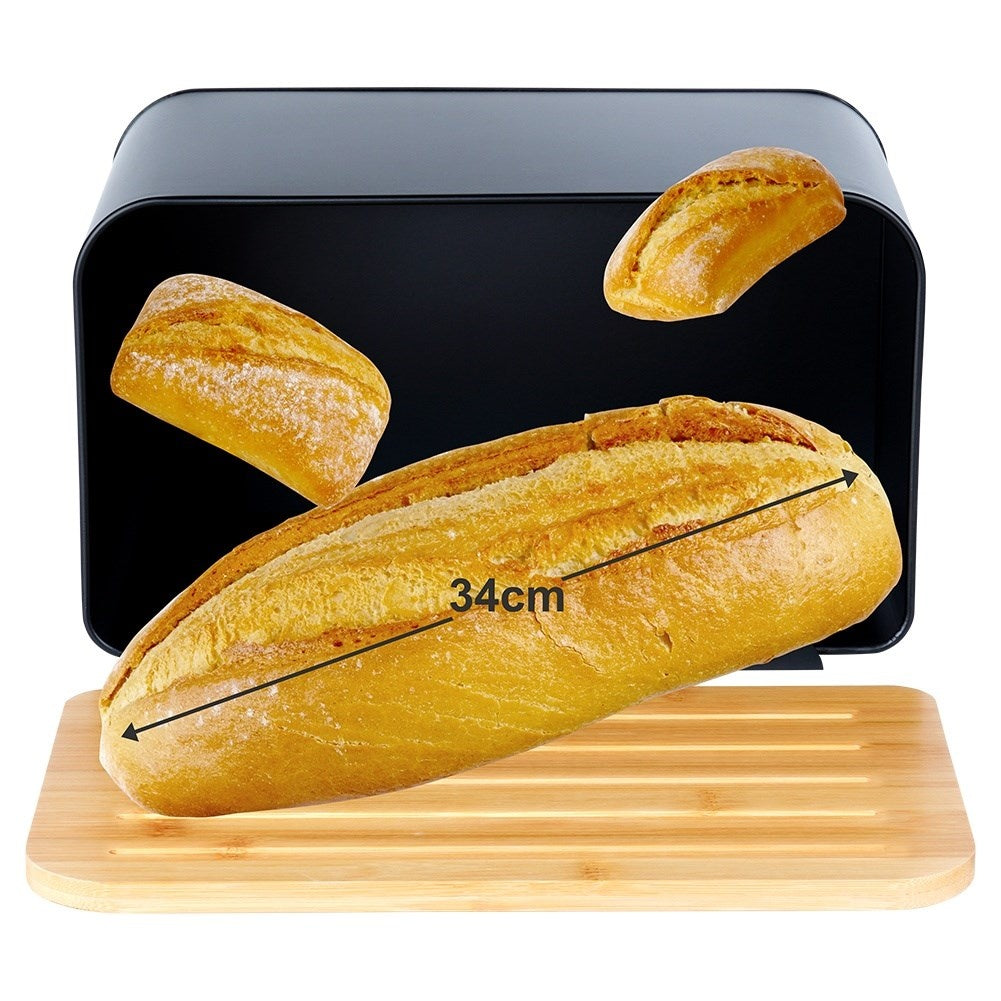 Spacious bread box in black metal with bamboo cutting board