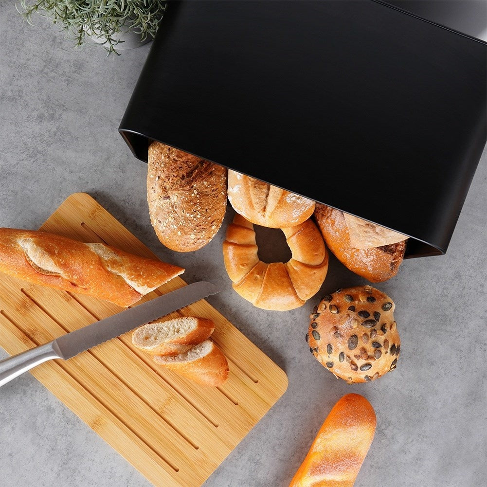 Spacious bread box in black metal with bamboo cutting board