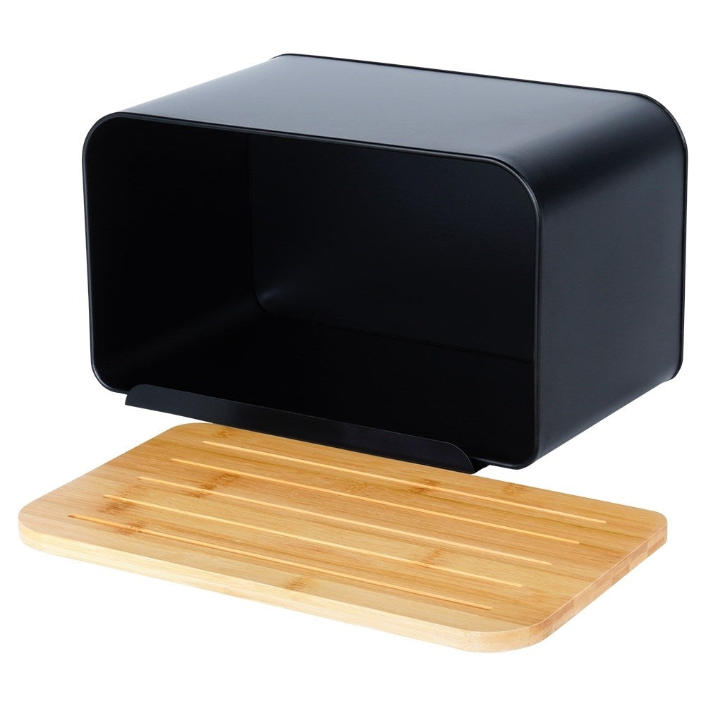 Spacious bread box in black metal with bamboo cutting board