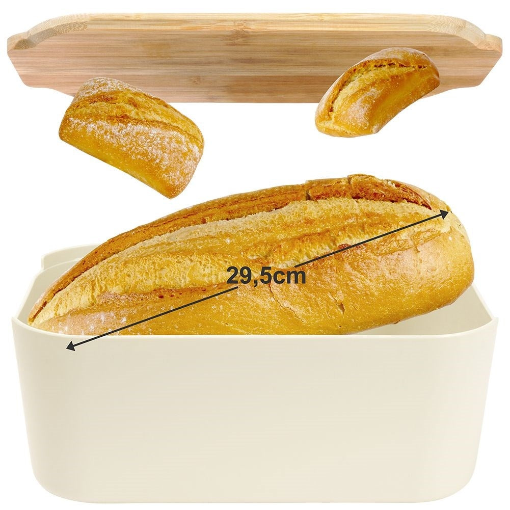 Spacious bread box in cream color with bamboo cutting board