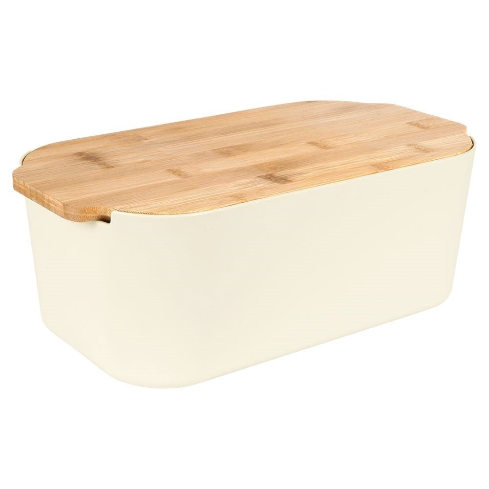 Spacious bread box in cream color with bamboo cutting board