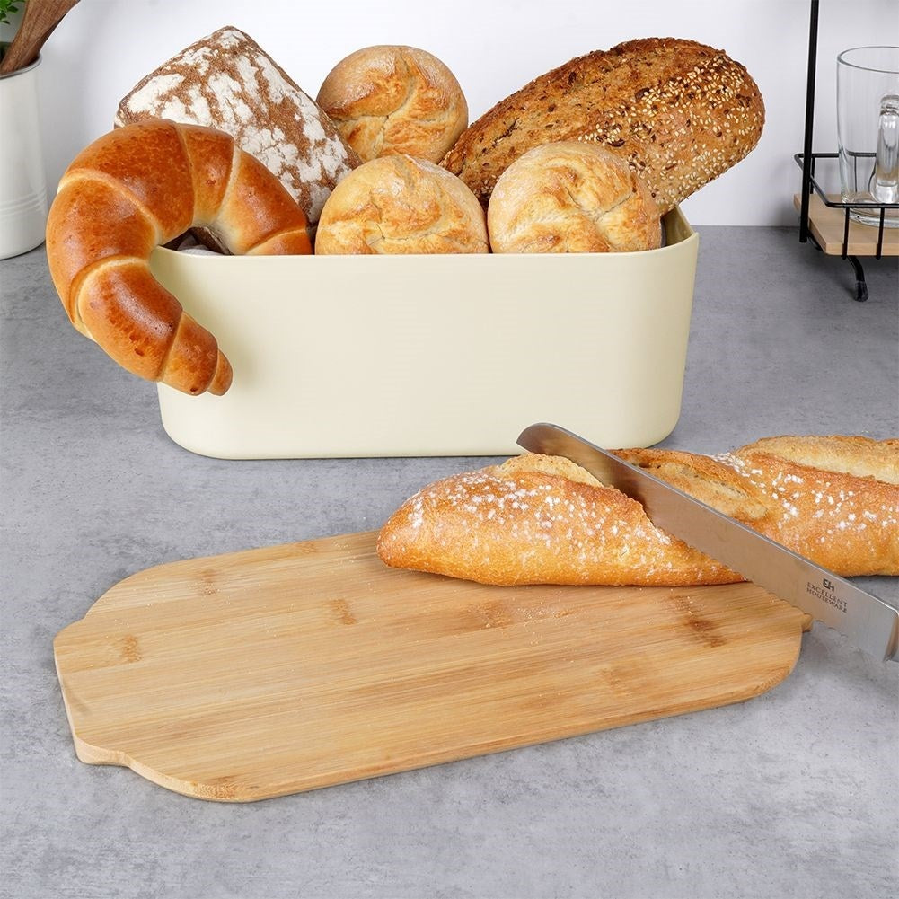 Spacious bread box in cream color with bamboo cutting board