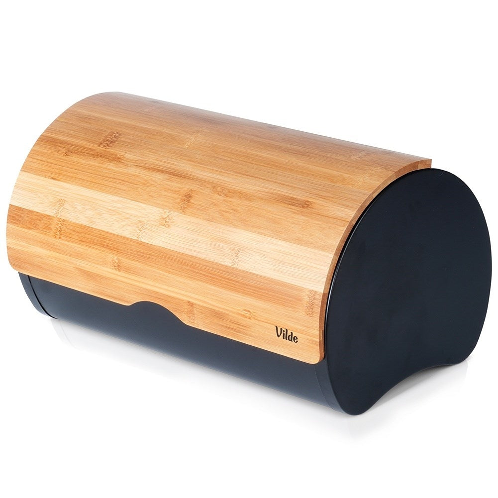 Spacious bread box in durable bamboo wood and black steel