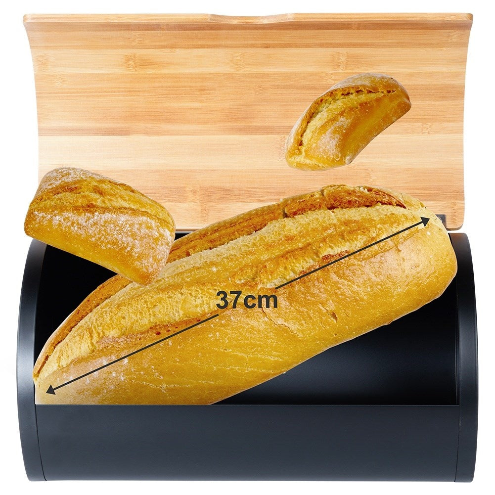 Spacious bread box in durable bamboo wood and black steel
