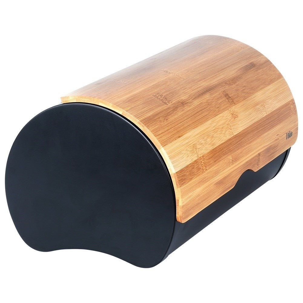 Spacious bread box in durable bamboo wood and black steel