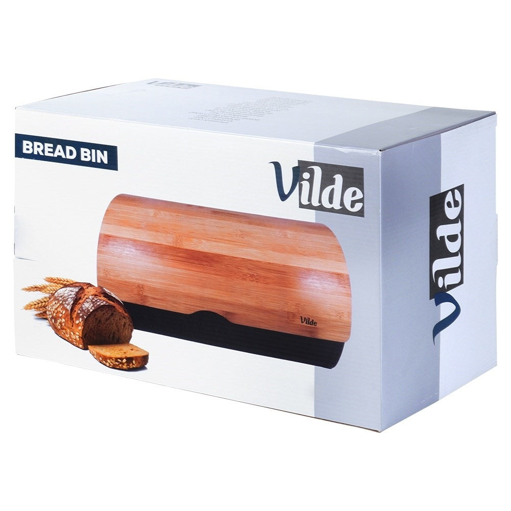 Spacious bread box in durable bamboo wood and black steel