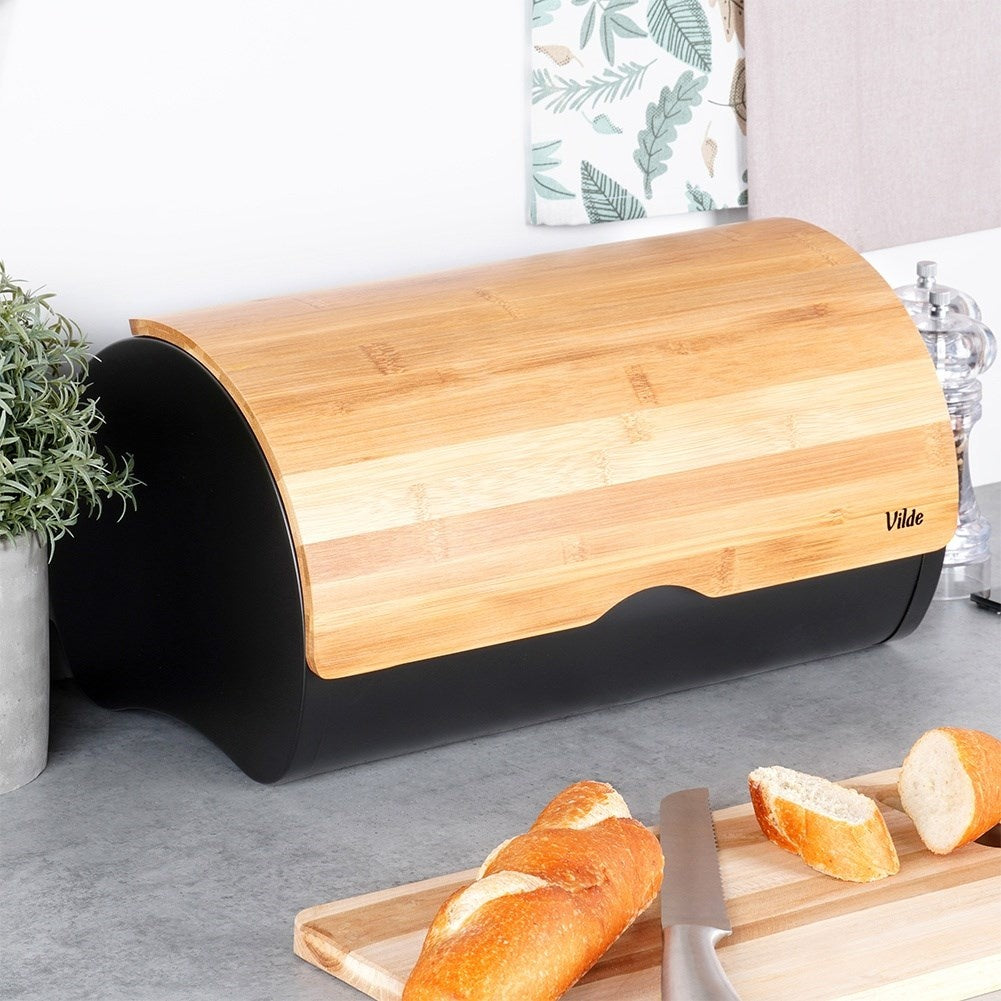 Spacious bread box in durable bamboo wood and black steel