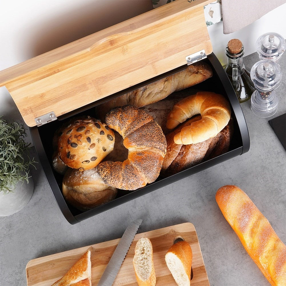 Spacious bread box in durable bamboo wood and black steel