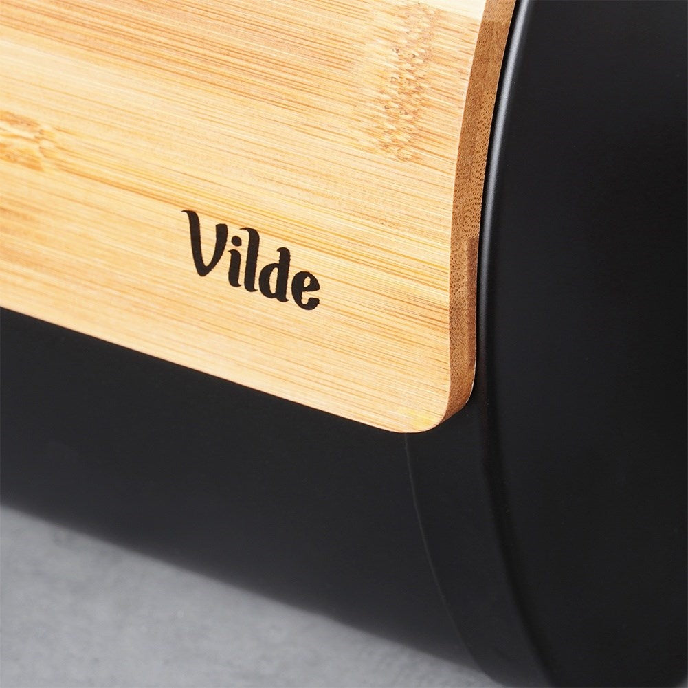 Spacious bread box in durable bamboo wood and black steel