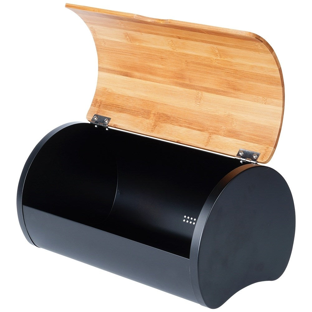 Spacious bread box in durable bamboo wood and black steel