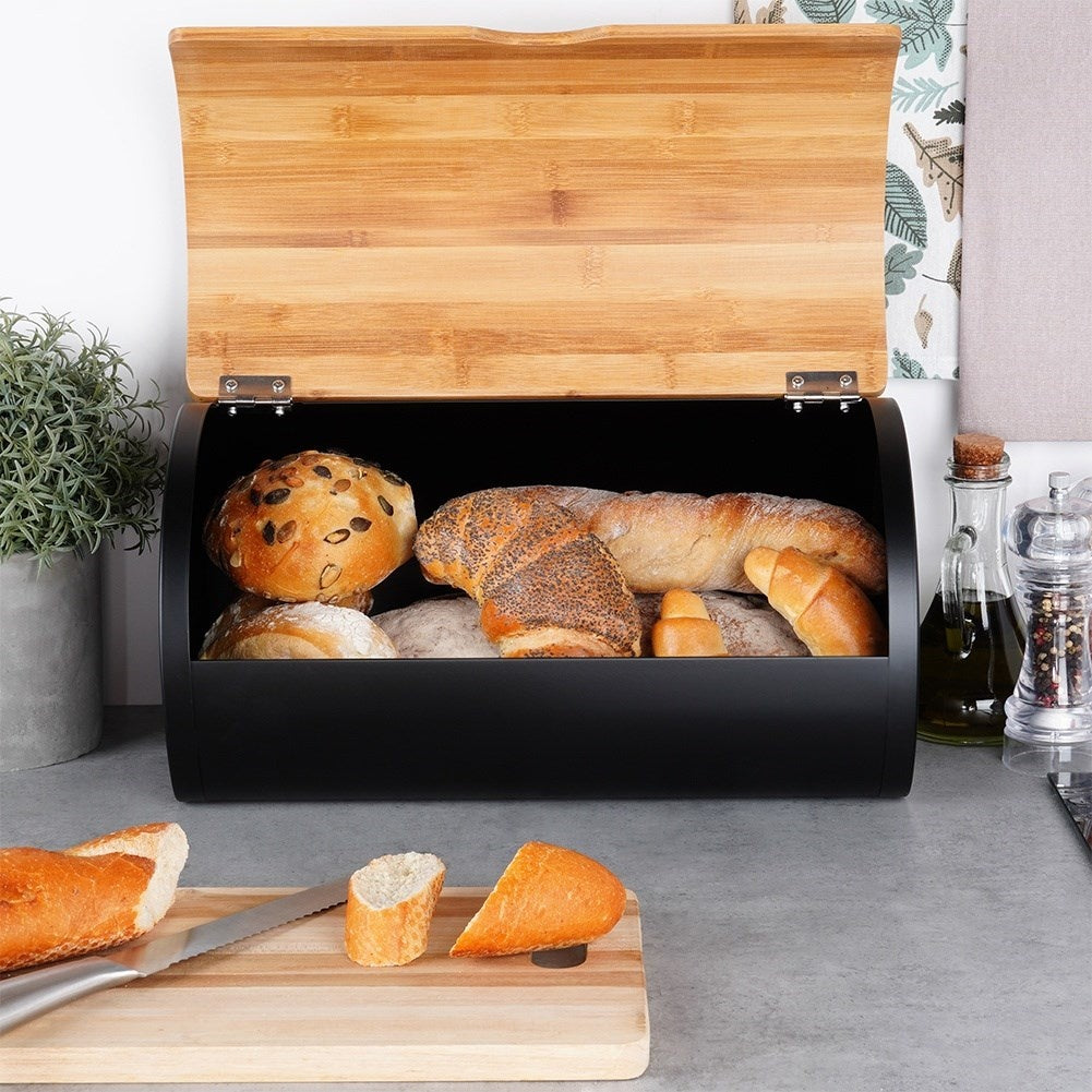 Spacious bread box in durable bamboo wood and black steel