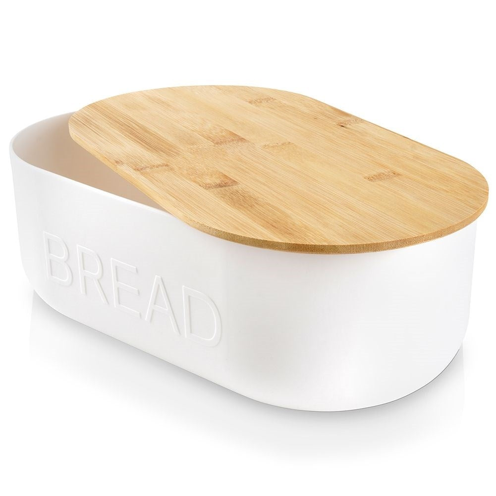 Spacious bread box in white with bamboo cutting board lid